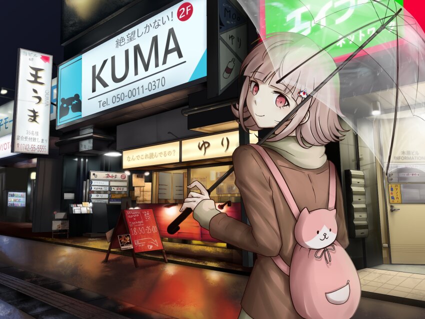 1girl animal_bag backpack bag brown_hair brown_jacket cat_bag closed_mouth danganronpa_(series) danganronpa_3_(anime) from_behind galaga highres holding holding_umbrella hope&#039;s_peak_academy_school_uniform jacket kmnm_1403 long_sleeves looking_at_viewer looking_back medium_hair nanami_chiaki outdoors pink_bag pink_eyes school_uniform sign smile solo translation_request umbrella