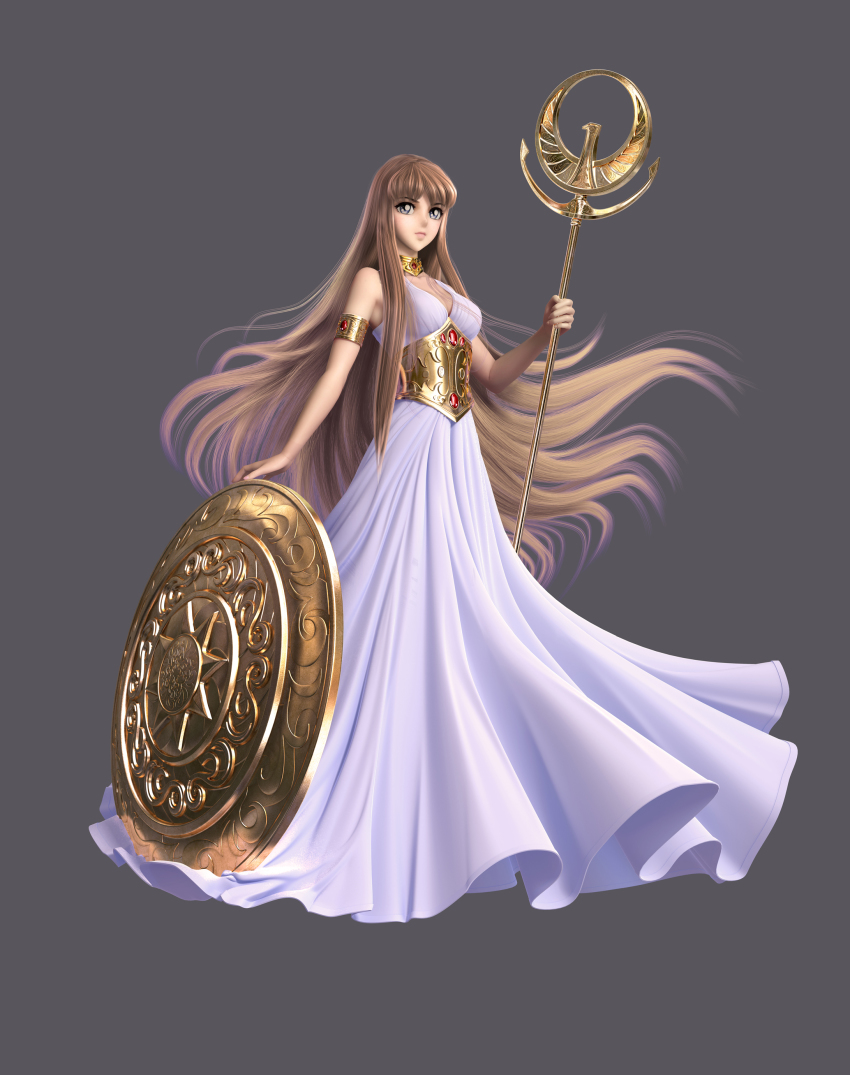 1girl 3d absurdres armlet athena blue_eyes brown_hair closed_mouth dress female_focus full_body grey_background head_tilt highres holding holding_staff jewelry long_hair looking_away saint_seiya shield simple_background sleeveless sleeveless_dress solo staff very_long_hair white_dress znz
