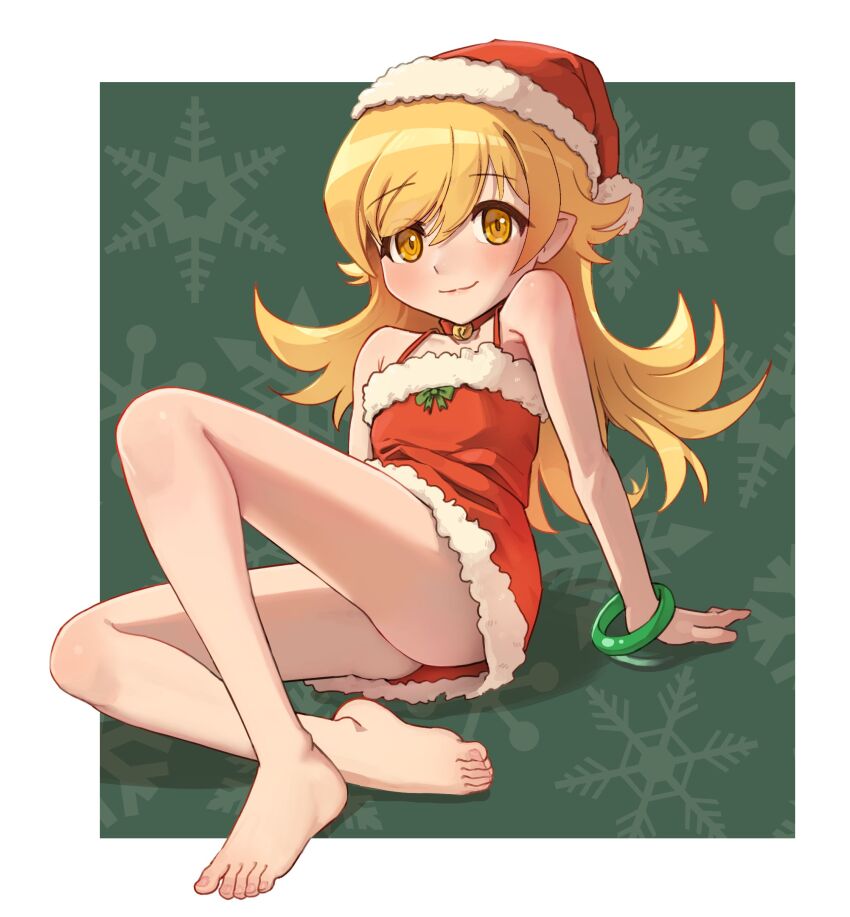 1girl absurdres alternate_costume arm_support armpit_crease ass bare_legs bare_shoulders barefoot bell blonde_hair blush border bow bracelet christmas closed_mouth collarbone commentary dress english_commentary feet full_body fur_trim green_background green_bow hair_between_eyes hat highres jewelry knee_up legs long_hair looking_at_viewer monogatari_(series) neck_bell on_ground oshino_shinobu petite pointy_ears red_dress red_hat ricman_rt santa_costume santa_hat shadow short_dress sitting smile snowflake_background solo toenails toes white_border yellow_eyes