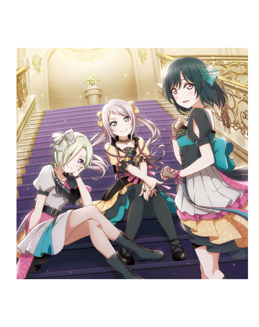 3girls ahoge artbook blonde_hair blue_eyes boots bow crossed_legs dress green_hair hair_bow hair_over_one_eye hair_ribbon highres long_hair looking_at_viewer love_live! love_live!_nijigasaki_high_school_idol_club mia_taylor mifune_shioriko multiple_girls non-web_source official_art pantyhose pink_hair purple_eyes red_eyes ribbon short_hair sitting sitting_on_stairs smile stairs twintails zhong_lanzhu
