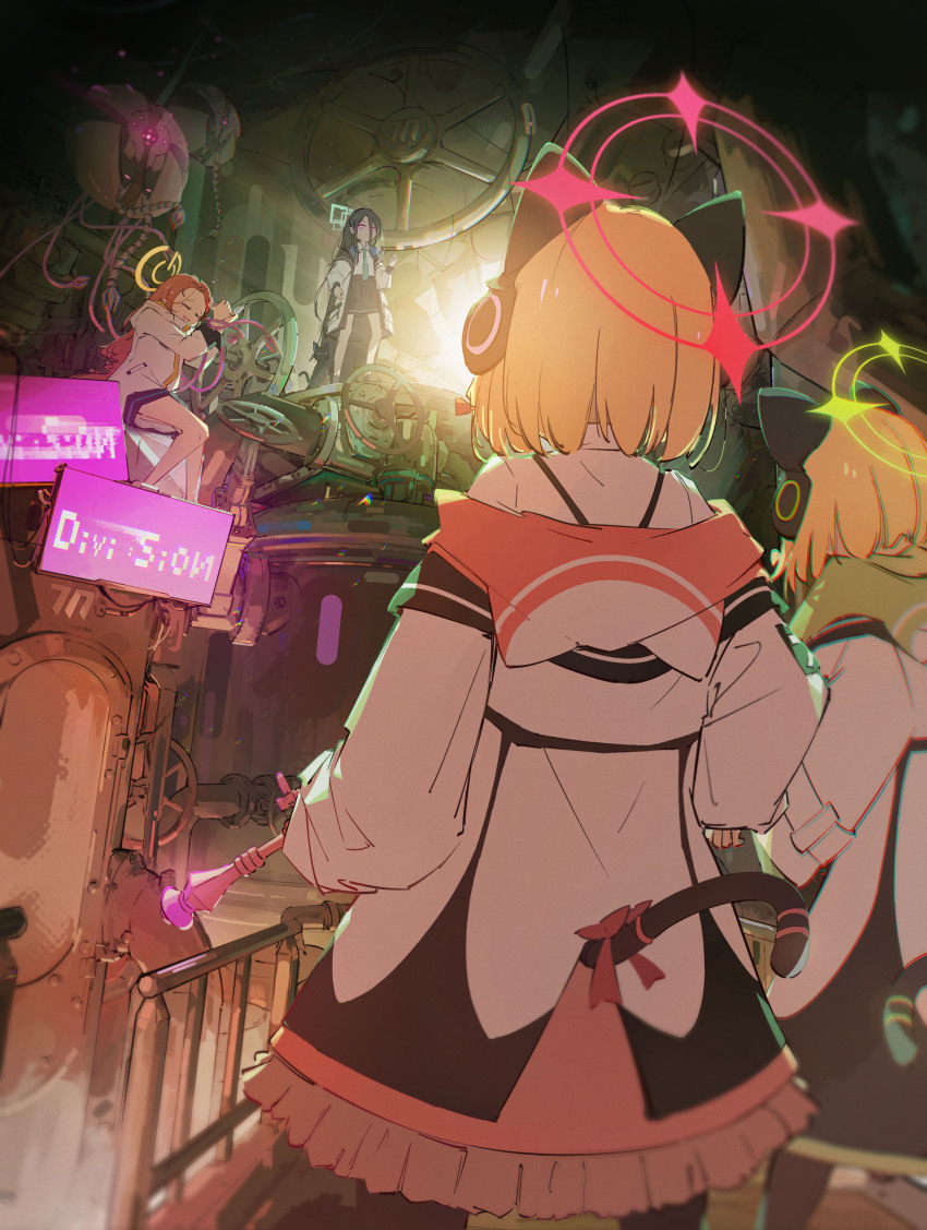 kei_(blue_archive) 4girls absurdres animal_ear_headphones animal_ears animal_hood arient5888 aris_(blue_archive) black_cat black_hair black_skirt blonde_hair bloom blue_archive blue_necktie bound bound_wrists captured cat cat_ear_headphones cat_hood cat_tail chromatic_aberration coat commentary_request confrontation facing_away fake_animal_ears forehead from_behind game_development_department_(blue_archive) glowing glowing_eyes green_hood gun hair_between_eyes halo headphones highres holding holding_gun holding_weapon hood hood_down hooded_jacket jacket jacket_partially_removed long_bangs long_hair long_sleeves looking_at_another machinery midori_(blue_archive) momoi_(blue_archive) multiple_girls necktie pink_eyes pink_hood pink_skirt railing red_hair robot screen shirt short_hair siblings sisters sitting skirt spoilers standing tail valve very_long_hair weapon white_coat white_jacket white_shirt yuzu_(blue_archive)
