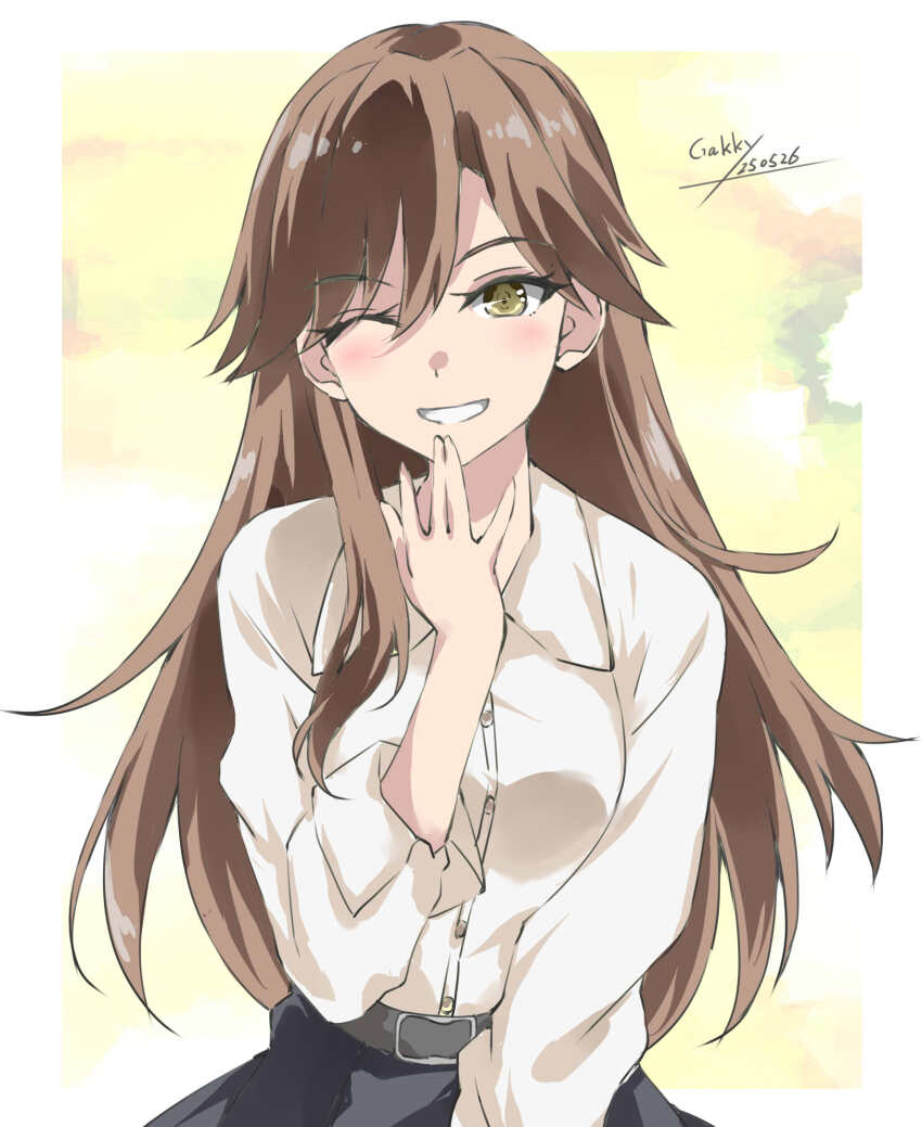 1girl alternate_costume arashio_(kancolle) belt black_belt black_skirt brown_eyes brown_hair collared_shirt dated dress_shirt gakky highres kantai_collection long_hair looking_at_viewer one-hour_drawing_challenge one_eye_closed shirt skirt solo twitter_username white_shirt yellow_background