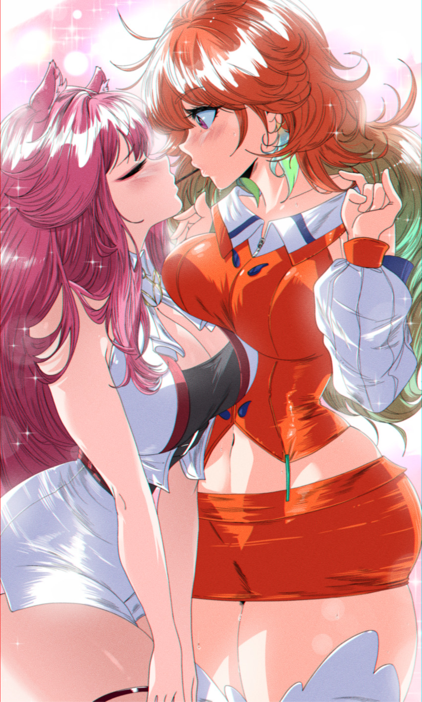 2girls absurdres animal_ear_fluff animal_ears ascot black_tube_top blush breast_on_breast breasts cat_ears cleavage cleavage_cutout closed_eyes clothing_cutout collarbone commentary detached_sleeves earrings english_commentary eyeshadow feather_earrings feathers fluffy_hair food food_in_mouth gradient_hair green_hair grs- highres hololive hololive_english jewelry long_hair makeup microskirt midriff multicolored_hair multiple_girls navel orange_hair orange_skirt panther_ears panther_girl pink_eyeshadow pink_hair pocky pocky_in_mouth pocky_kiss purple_eyes raora_panthera raora_panthera_(1st_costume) shared_food shorts skindentation skirt sleeveless sparkle strapless takanashi_kiara takanashi_kiara_(1st_costume) thick_thighs thighhighs thighs tube_top very_long_hair vest virtual_youtuber white_ascot white_unitard white_vest yuri