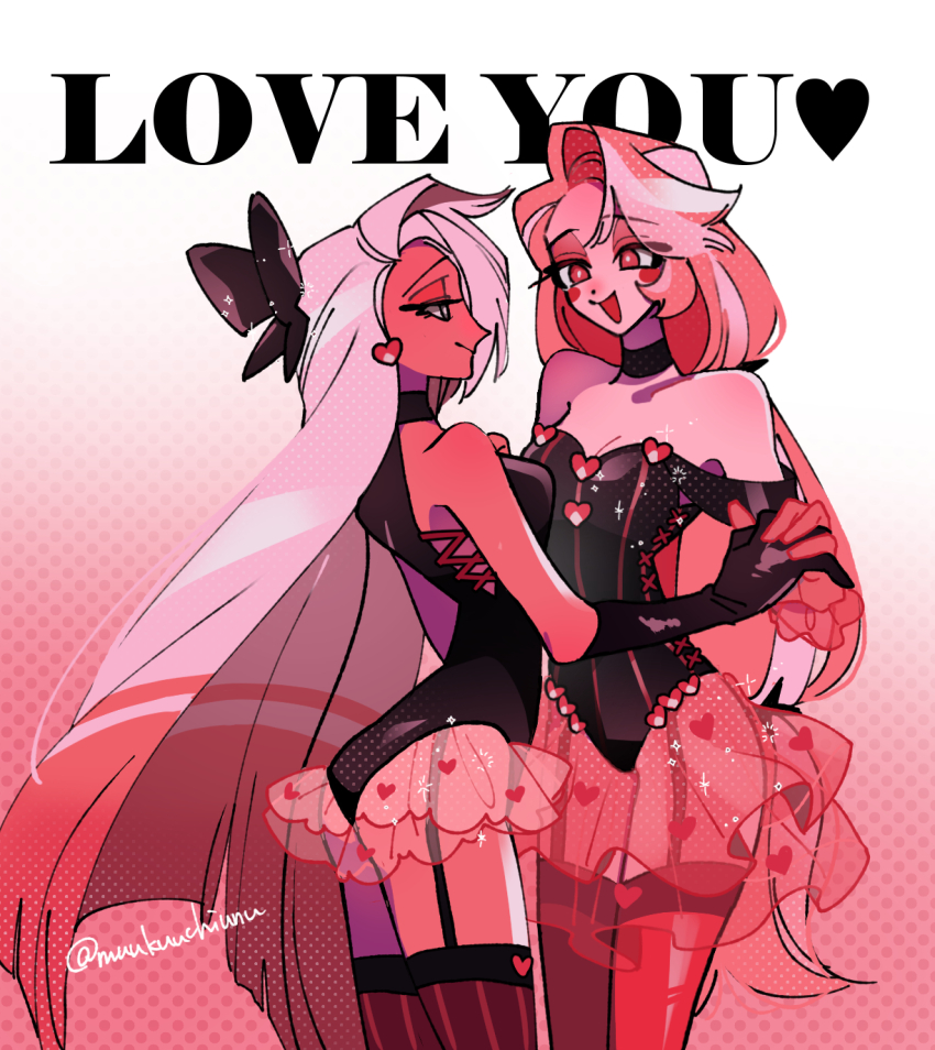 2girls ass bare_shoulders black_leotard bow breasts charlie_morningstar circle_facial_mark couple demon_girl garter_straps gloves hair_bow hazbin_hotel heart highres holding_hands leotard long_hair monochrome multiple_girls muukuuchiunu official_alternate_costume smile striped_clothes striped_thighhighs thighhighs vaggie vertical-striped_clothes vertical-striped_thighhighs very_long_hair yuri