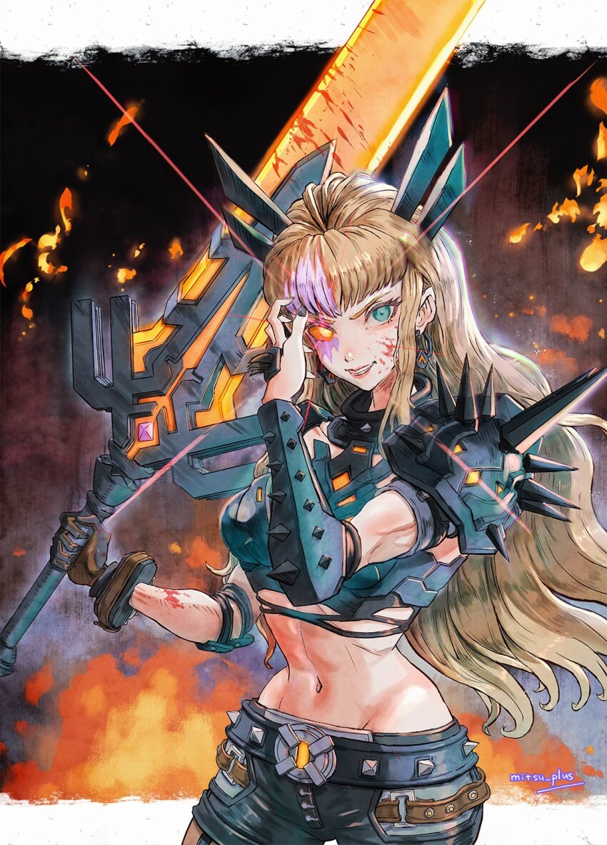 1girl armor black_gloves blonde_hair blue_eyes breasts cleavage cleavage_cutout clothing_cutout crop_top gloves highres holding holding_sword holding_weapon huge_weapon long_hair looking_at_viewer magik_(x-men) marvel marvel_rivals midriff mitsu_plus navel short_shorts shorts solo sword weapon x-men