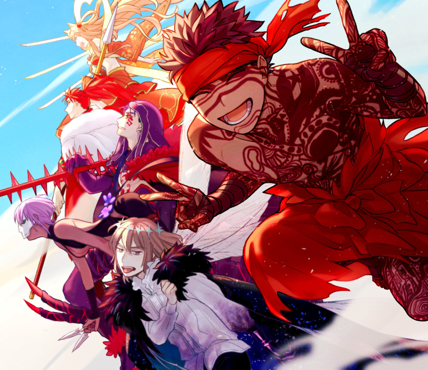 2girls 4boys angra_mainyu_(fate) animal_ears blonde_hair blue_hair breasts brown_hair cape cleavage closed_eyes commentary_request crown cu_chulainn_(fate) cu_chulainn_alter_(fate) dark-skinned_female dark-skinned_male dark_skin double_v dragonfly_wings facial_tattoo fate/grand_order fate_(series) fox_ears full-body_tattoo fur_cape hassan_of_serenity_(fate) headband holding holding_polearm holding_weapon hood li_shuwen_(fate) li_shuwen_(young)_(fate) li_shuwen_(young)_(third_ascension)_(fate) mask medium_breasts midriff multiple_boys multiple_girls oberon_(fate) oberon_(third_ascension)_(fate) open_mouth polearm purple_hair red_hair red_headband shibakou smile spear suzuka_gozen_(fate) suzuka_gozen_(third_ascension)_(fate) tattoo tongue tongue_out topless_male v weapon white_cape