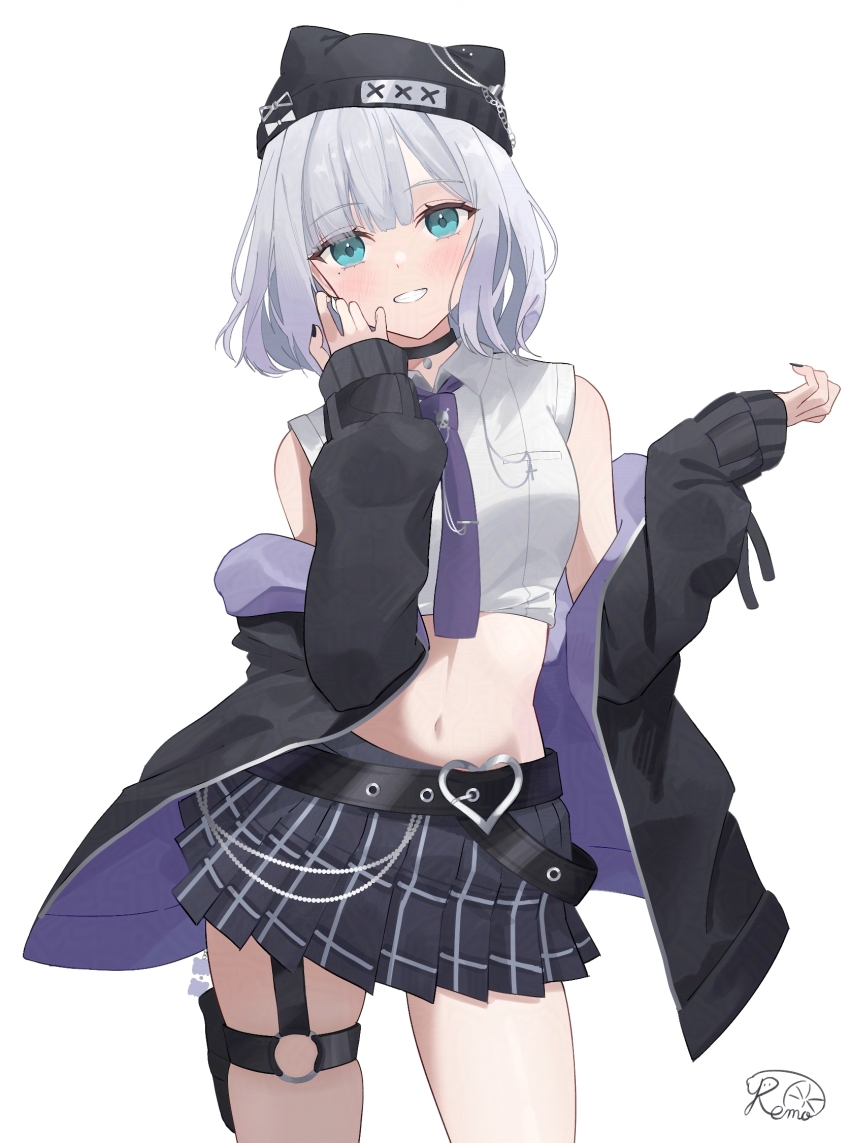 1girl aqua_eyes beanie belt black_belt black_hat black_jacket black_nails cowboy_shot cropped_shirt garter_straps grey_hair grin hat highres jacket kaga_sumire kaga_sumire_(2nd_costume) lupinus_virtual_games medium_hair miniskirt mole mole_under_eye necktie o-ring o-ring_thigh_strap off_shoulder open_clothes open_jacket parted_bangs pleated_skirt purple_necktie remo_nade1 shirt simple_background single_garter_strap skirt sleeveless sleeveless_shirt smile solo square-end_necktie thigh_strap virtual_youtuber vspo! white_background white_shirt