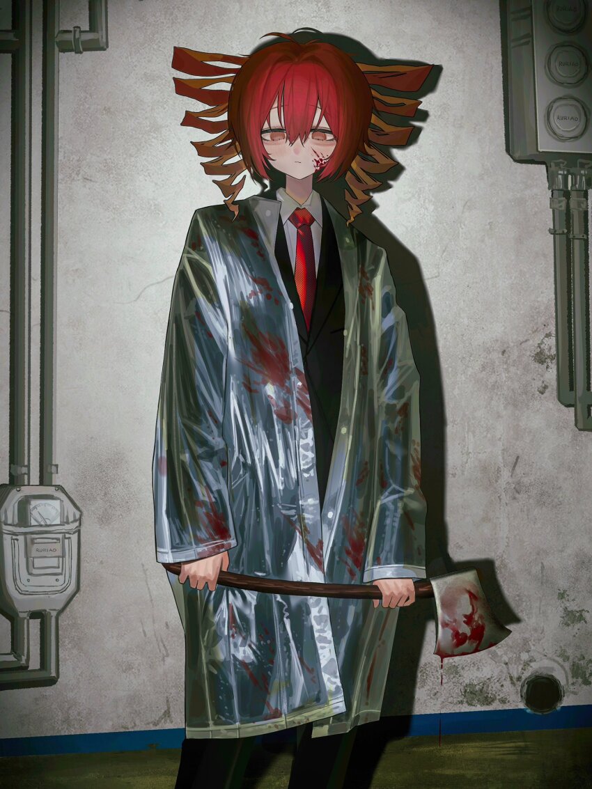 1girl alternate_costume american_psycho antenna_hair axe black_jacket black_suit blood blood_on_clothes blood_on_face blood_on_window buttons coat collared_shirt commentary cosplay drill_hair english_commentary expressionless flat_chest formal_clothes hair_between_eyes highres holding holding_axe indoors jacket kasane_teto lewenxijian long_hair necktie open_clothes open_coat pant_suit pants patrick_bateman patrick_bateman_(cosplay) raincoat red_eyes red_hair red_necktie see-through_clothes see-through_raincoat shirt solo suit suit_jacket tube twin_drills utau wing_collar