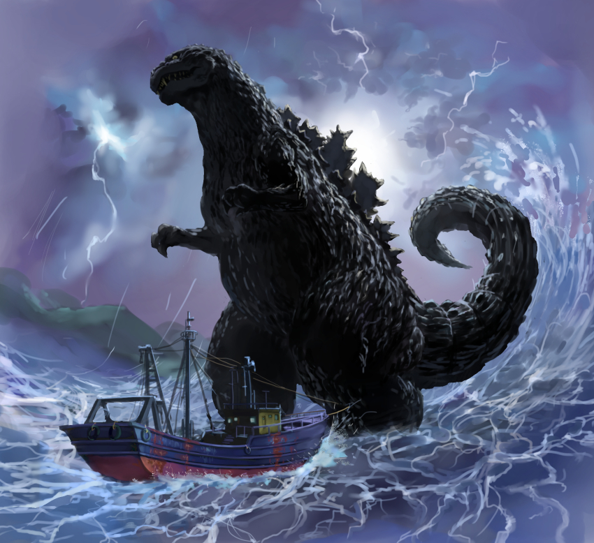 claws dinosaur electricity energy giant giant_monster godzilla godzilla_(1954) godzilla_(series) highres island kaiju lightning monster night no_humans ocean rain sea_monster sharp_teeth ship spikes splashing tail teeth toho ultra-taf water watercraft waves