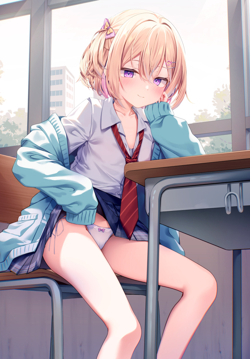 1girl aqua_cardigan blonde_hair blue_hair blue_skirt blush cardigan chair classroom closed_mouth clothes_lift commentary_request day desk diagonal-striped_clothes diagonal-striped_necktie dress_shirt elbow_rest feet_out_of_frame ga_bunko hair_between_eyes hair_ornament hairclip hand_on_own_cheek hand_on_own_face head_rest highres indoors kinokomushi lifting_own_clothes long_sleeves looking_at_viewer loose_necktie multicolored_hair necktie off_shoulder official_art on_chair one_side_up open_cardigan open_clothes original panties pink_hair pleated_skirt purple_eyes red_necktie sailor_collar school_chair school_desk school_uniform shirt side-tie_panties sitting skirt skirt_lift sleeves_past_fingers sleeves_past_wrists smile solo streaked_hair striped_clothes underwear white_panties white_shirt window