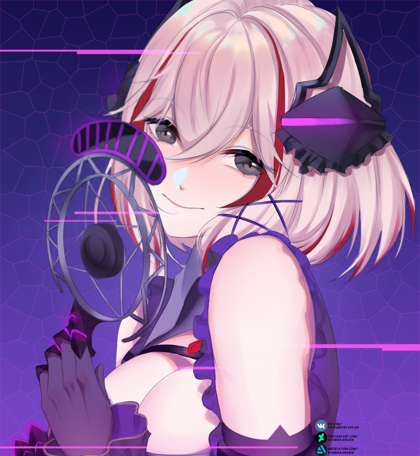 1girl absurdres artstation_logo artstation_username azur_lane black_gloves blonde_hair blush breasts cleavage deviantart_logo deviantart_username gloves grey_eyes highres huge_filesize large_breasts microphone multicolored_hair red_hair roon_(azur_lane) roon_(muse)_(azur_lane) smile solo stasikkarasik streaked_hair upper_body vkontakte_logo vkontakte_username