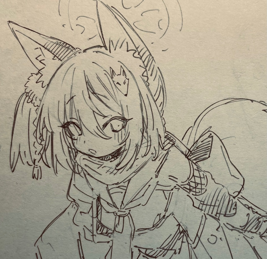 1girl :o abara_heiki animal_ear_fluff animal_ears blue_archive blush bow braid fishnet_gloves fishnets fox fox_ears fox_hair_ornament fox_mask fox_tail gloves hair_ornament halo highres izuna_(blue_archive) looking_back mask monochrome sailor_collar scar short_hair sketch tail traditional_media upper_body