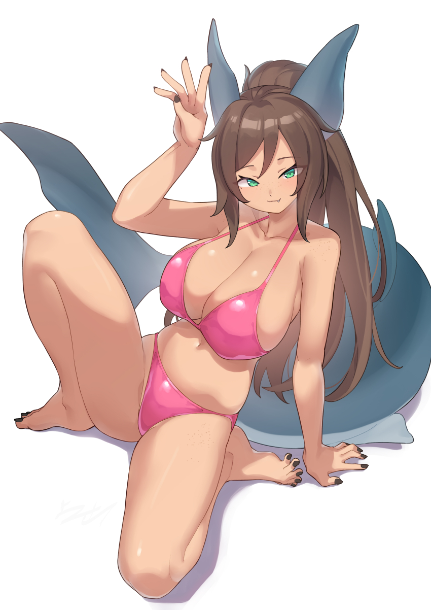 1girl absurdres animal_ears arukiru bikini black_nails breasts brown_hair closed_mouth collarbone commission feet fins fish_tail full_body green_eyes highres large_breasts long_hair navel original sitting skeb_commission smile solo swimsuit tail