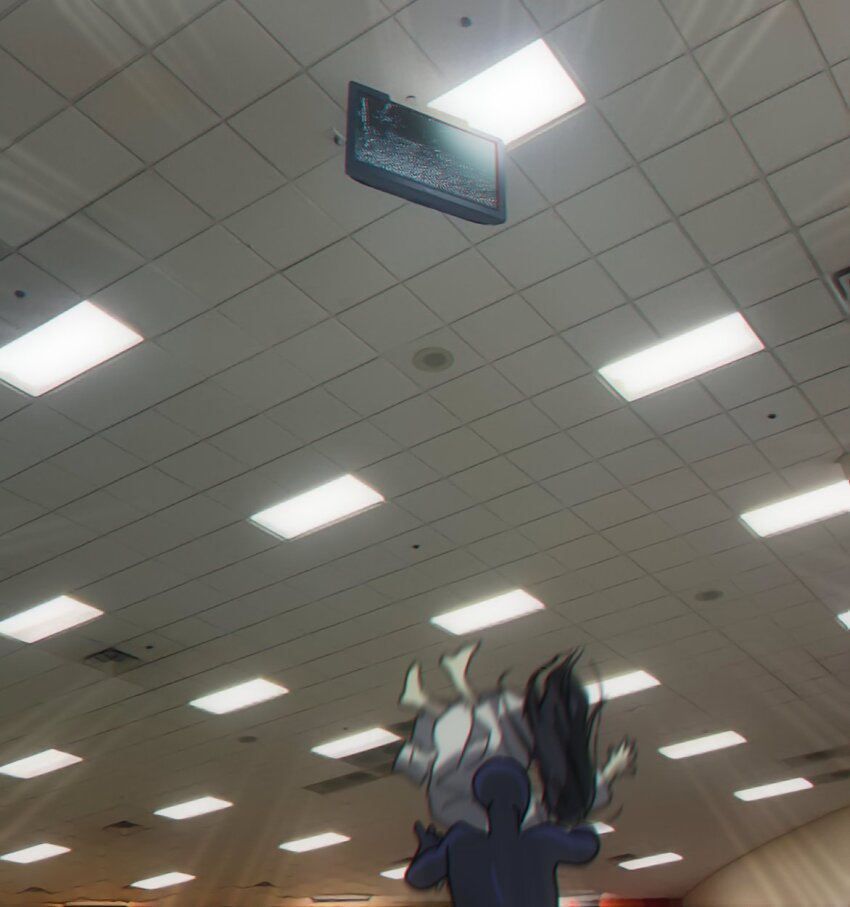 1girl 1other barefoot black_hair ceiling ceiling_light cioccolatodorima dress falling fluorescent_lamp from_below full_body highres indoors long_dress long_hair meme midair photo_background television the_ring tile_ceiling tiles watching_the_ring_video_on_this_so_when_the_girl_comes_out_she_breaks_her_neck_(meme) white_dress yamamura_sadako