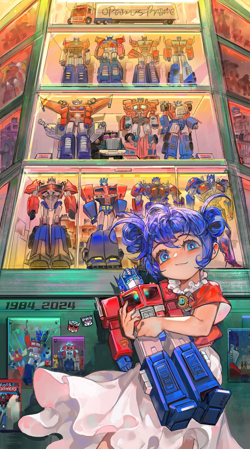 1girl :3 absurdres aged_down anniversary arcee beast_wars beast_wars:_transformers beast_wars_ii blue_eyes blue_hair bumblebee_(transformers) child cliffjumper commentary double_bun english_commentary fire_convoy frilled_shirt frills galaxy_convoy ginrai_(transformers) hair_bun highres holding holding_toy hugging_object kotobukiya_bishoujo lio_convoy matrix_of_leadership namikaze_(dobbyka) nemesis_prime optimus_prime optimus_prime_(kotobukiya_bishoujo) ratchet_(transformers) red_shirt shirt skirt smile starscream the_transformers_(idw) toy transformers transformers:_earthspark transformers:_generation_1 transformers_(2007_film) transformers_(live_action) transformers_animated transformers_armada transformers_car_robots transformers_cybertron transformers_one transformers_prime transformers_shattered_glass transformers_super-god_masterforce transformers_unicron_trilogy white_skirt