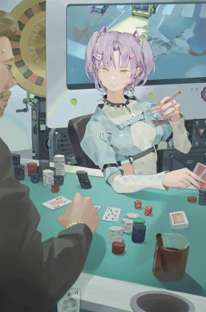1boy 1girl absurdres alcohol beard bird bus car card cube facial_hair glass hair_ornament hairclip highres holding holding_card indoors light_blue_jacket motor_vehicle nvik original playing_card poker poker_chip purple_hair road shirt speaker street table television white_shirt