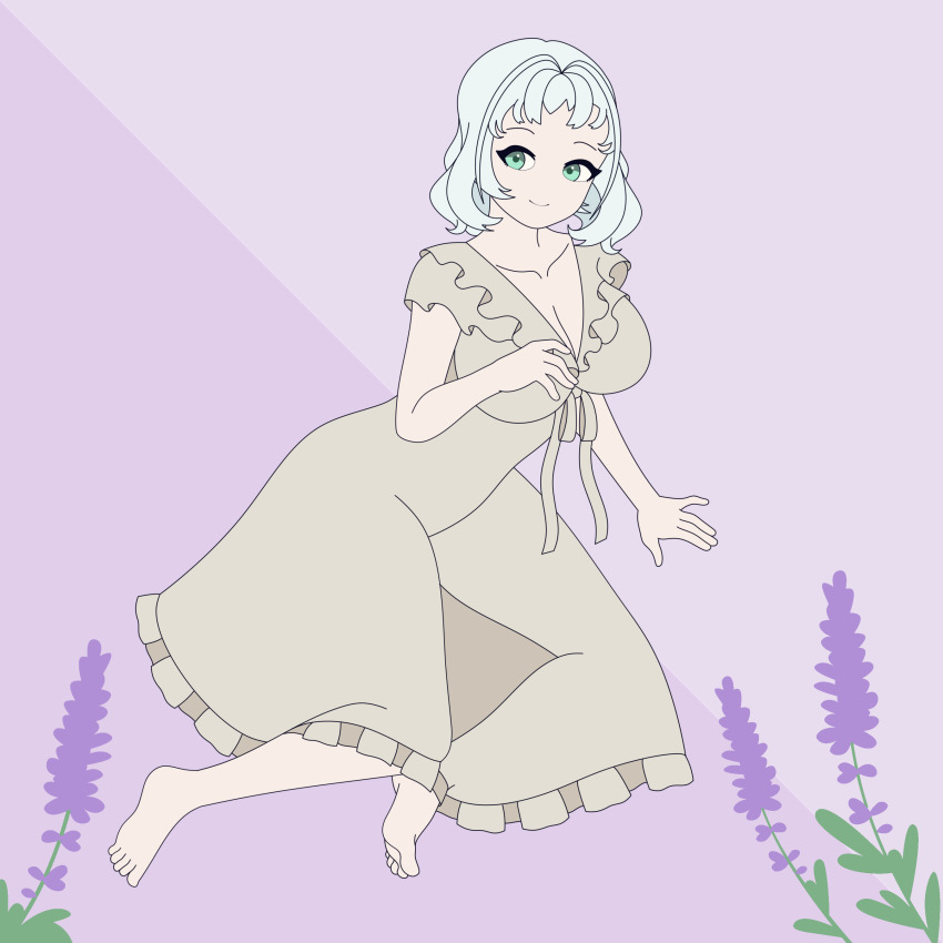 absurdres barefoot bow breasts dress green_eyes highres kamishiro_rita large_breasts noality prism_project self-upload silver_hair sitting smile virtual_youtuber