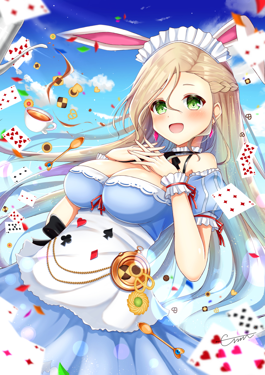 absurdres alice_(alice_in_wonderland) alice_(alice_in_wonderland)_(cosplay) animal_ear_hairband animal_ears bare_shoulders blue_dress blue_sky breasts brown_hair card cleavage clock cloud cookie cosplay cup dress emn fake_animal_ears food frilled_bracelet frilled_necktie frills green_eyes hairband highres iris_mysteria! large_breasts long_hair maid_headdress open_mouth playing_card rabbit_ear_hairband rabbit_ears sky teacup will_(iris_mysteria!)