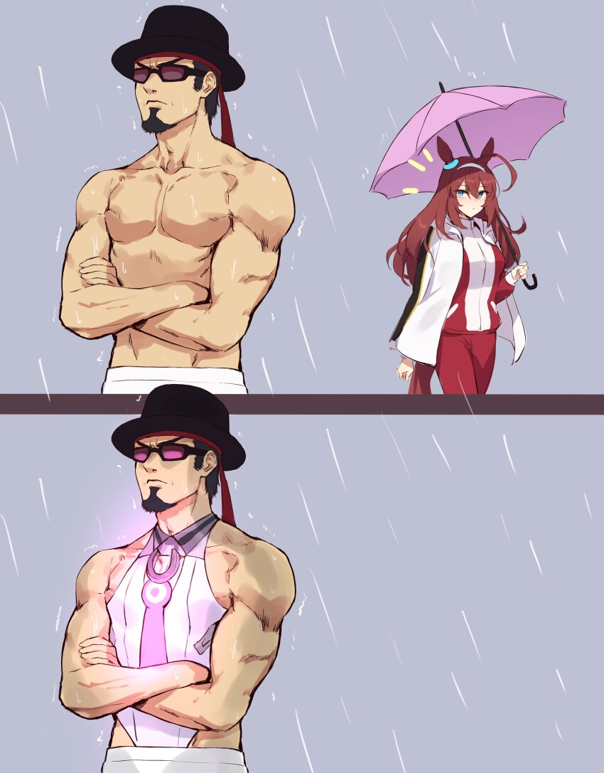1boy 1girl absurdres ahoge animal_ears black_hair brown_hair cosplay crossed_arms facial_hair fedora glowing goatee grey_background hat highres horse_ears horse_girl horse_tail jacket jacket_on_shoulders leotard long_hair mihono_bourbon_(umamusume) mihono_bourbon_(umamusume)_(cosplay) motsunabe_(mo2nap3) pink_umbrella rain sunglasses tail topless_male tracen_training_uniform track_suit trainer_(umamusume) trainer_kuronuma umamusume umbrella white_leotard