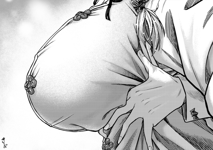 2girls breasts close-up greyscale groping hong_meiling izayoi_sakuya koyubi_(littlefinger1988) large_breasts long_sleeves monochrome multiple_girls simple_background touhou