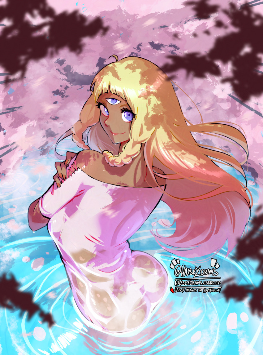 1girl absurdres ass blonde_hair braid closed_mouth commentary dark-skinned_female dark_skin dress english_commentary eupha_(metaphor:_refantazio) fingernails floating_hair from_behind haysey highres long_hair looking_at_viewer metaphor:_refantazio off_shoulder orange_nails partially_submerged purple_eyes short_sleeves smile solo third_eye twin_braids twitter_username water wet wet_clothes