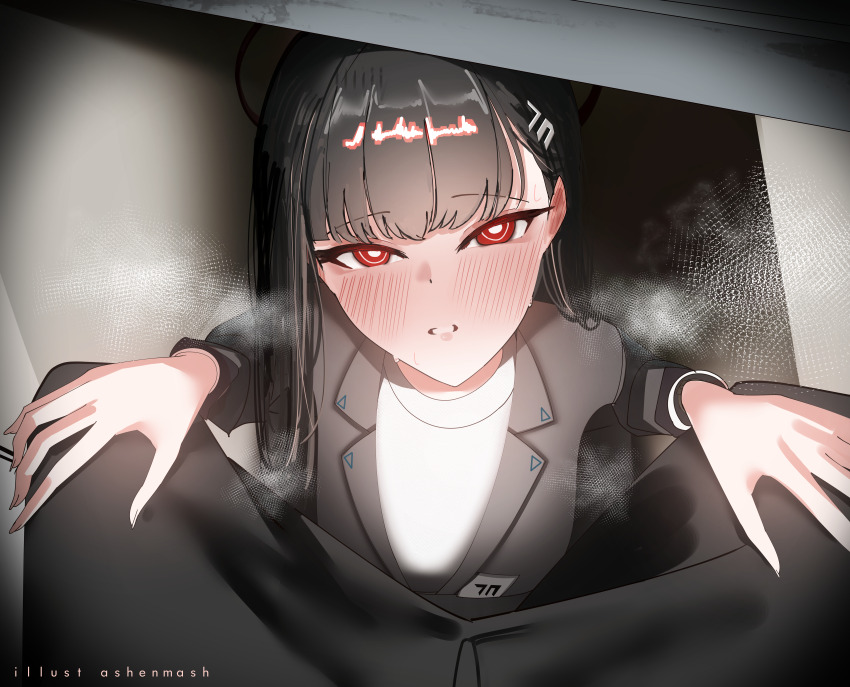 1boy 1girl absurdres black_hair blazer blue_archive blush cyrilashnmsh grin hair_ornament hairclip halo highres jacket looking_at_viewer red_eyes ringed_eyes rio_(blue_archive) smile sweat