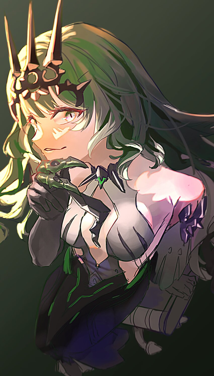 1girl absurdres bare_shoulders black_dress black_gloves claw_ring commentary crazy crown dress duoyun_de_tiankong from_above gloves green_background green_eyes green_hair hand_on_own_face highres honkai_(series) honkai_impact_3rd long_hair looking_at_viewer mobius_(honkai_impact) sitting slit_pupils solo very_long_hair wavy_hair