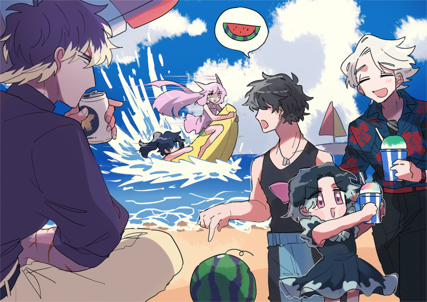 3boys 3girls :d banana_boat barefoot beach beer_can black_dress black_hair blue_eyes boat bow can closed_eyes cloud crobat cup disposable_cup dog_tags dress drink_can drinking earrings food fruit gen_2_pokemon gen_4_pokemon gotoroku_(pkg) hair_bow hair_over_one_eye highres holding holding_cup inflatable_toy jewelry lumineon luxray male_swimwear multicolored_hair multiple_boys multiple_girls nintendo open_mouth outdoors pink_eyes pointing pokemon purple_hair sailboat sand scar scar_on_arm shaved_ice sketch skuntank smile spoken_food stud_earrings swim_trunks swimming two-tone_hair watch water watercraft watermelon white_hair wristwatch yellow_eyes