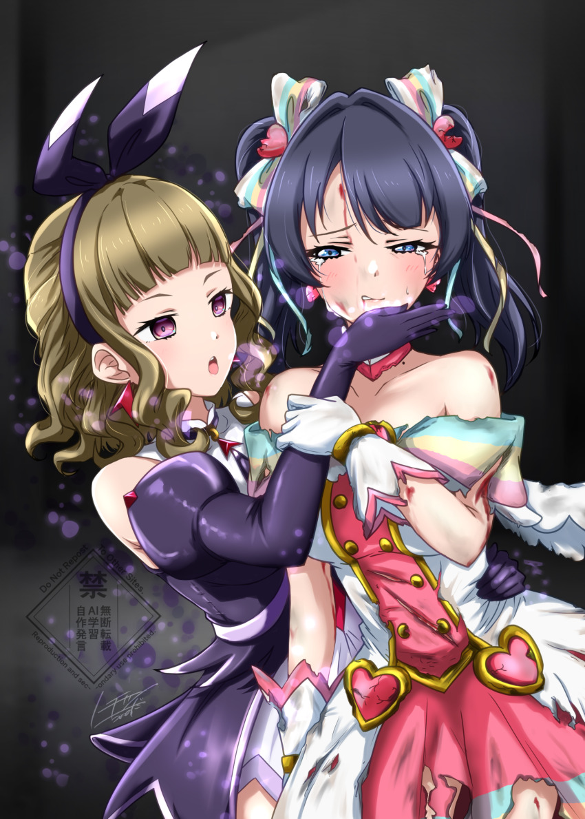 2girls absurdres bare_shoulders black_background black_dress blood blood_from_forehead blood_from_mouth blood_on_shoulder blue_eyes blue_hair blunt_bangs blush brown_hair buttons clenched_teeth collarbone commentary_request cowboy_shot crying crying_with_eyes_open dark_blue_hair double-breasted dress earrings elbow_gloves empty_eyes gloves hair_intakes hair_ribbon half-closed_eyes hand_on_another&#039;s_hip highres jewelry kachimachi_kosuzu kachimachi_kosuzu_(mahou_shoujo_rhythmic_heart) link!_like!_love_live! long_hair looking_at_another love_live! magical_girl mole mole_on_neck multicolored_dress multiple_girls murano_sayaka murano_sayaka_(mahou_shoujo_rhythmic_heart) noochan_chonoda off-shoulder_dress off_shoulder official_alternate_costume official_alternate_hairstyle open_mouth pink_dress pink_eyes ribbon short_dress sidelocks signature sleeveless sleeveless_dress tears teeth torn_clothes torn_dress twintails upper_teeth_only variant_set virtual_youtuber watermark wavy_hair white_dress white_gloves white_ribbon