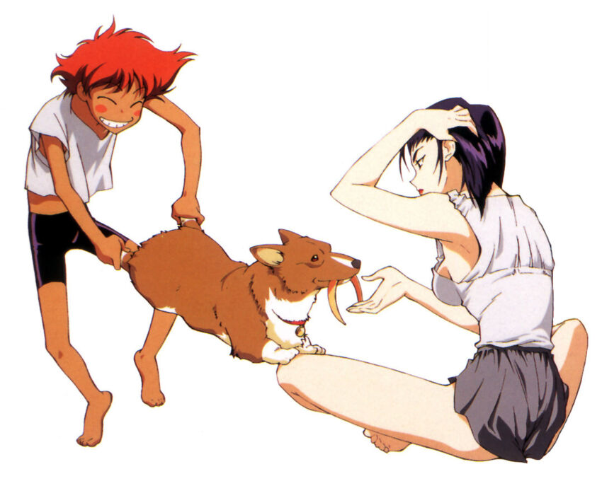 2girls androgynous artist_request barefoot bike_shorts blush_stickers breasts cowboy_bebop dog edward_wong_hau_pepelu_tivrusky_iv ein_(cowboy_bebop) faye_valentine hairband highres medium_breasts multiple_girls official_art purple_hair red_hair reverse_trap scan short_hair sideboob smile tomboy welsh_corgi