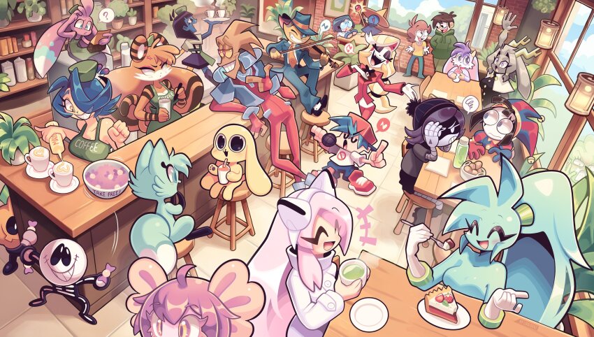 ? absurdres alien android anger_vein apron arm_up asymmetrical_gloves backwards_hat beanie blonde_hair blue_eyes blue_fur blue_hair blue_sclera blue_skin blush_stickers bow_(music) boyfriend_(friday_night_funkin&#039;) brown_hair cafe character_request charlie_morningstar chikn_nuggit chikn_nuggit_(character) circle_facial_mark colored_sclera colored_skin copyright_request demon_girl dog dress eating emphasis_lines ena_(ena) ena_(series) fewer_digits formal_clothes fox friday_night_funkin&#039; furry genre_connection glasses gloves hat hat_bell hazbin_hotel highres holding holding_bow_(music) holding_instrument holding_microphone holding_violin humanoid_robot instrument jacket jester jester_cap jester_costume lackadaisy long_hair loulou_vz marker mayonnaise_bottle mechanical_arms microphone mismatched_gloves monkey_wrench_(series) multicolored_eyes multicolored_hat multiple_boys multiple_girls murder_drones musical_note open_mouth pants pomni_(the_amazing_digital_circus) puffy_sleeves pump_(sr_pelo) pumpkin_head purple_eyes red_eyes robot rocky_rickaby round_eyewear sad_ena scepter sharp_teeth shirt short_hair short_sleeves shrike_sanchez skid_(sr_pelo) slushi_(chikn_nuggit) slushie smile spoken_musical_note spoken_question_mark spoken_squiggle spooky_month squiggle striped_clothes striped_headwear suit teeth the_amazing_digital_circus tiger_girl two-tone_eyes uzi_(murder_drones) vertical-striped_bodysuit vertical-striped_clothes vertical-striped_headwear very_long_hair violin white_shirt white_skin witch_hat yellow_fur yellow_sclera