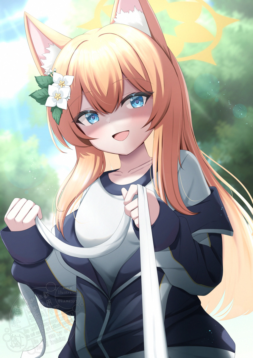 1girl :d absurdres animal_ear_fluff animal_ears backlighting blue_archive blurry blurry_background blush cat_ears cat_girl collarbone commentary_request crazy_smile day flower gym_shirt gym_uniform hair_between_eyes hair_flower hair_ornament halo hands_up heart heart-shaped_pupils highres holding holding_leash jacket kamesys leaf_hair_ornament leash long_hair looking_at_viewer mari_(blue_archive) mari_(track)_(blue_archive) official_alternate_costume open_clothes open_jacket open_mouth orange_hair outdoors pov shaded_face shirt sleeves_past_wrists smile solo sunlight symbol-shaped_pupils track_jacket tsurime upper_body viewer_on_leash watermark white_flower white_shirt yandere yellow_halo zipper