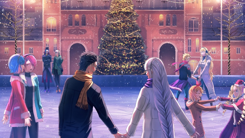 4boys 6+girls absurdres beatrice_(re:zero) black_hair blonde_hair blue_eyes blue_hair braid braided_ponytail brown_eyes christmas christmas_ornaments christmas_tree frankino frederica_baumann garfiel_tinsel green_eyes hair_ornament hair_ribbon hat highres holding_hands ice ice_skates ice_skating multiple_boys multiple_girls orange_hair otto_suewen petra_leyte pink_hair ponytail purple_eyes ram_(re:zero) re:zero_kara_hajimeru_isekai_seikatsu red_hair rem_(re:zero) ribbon roswaal_l._mathers santa_hat scarf siblings sisters skates skating snow snowing twins white_hair winter winter_clothes