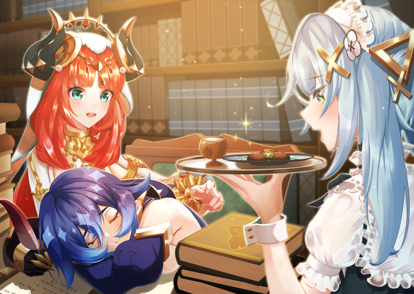 3girls absurdres amaneiru aqua_eyes bare_shoulders blue_hair book book_stack circlet closed_eyes commentary_request fake_horns faruzan_(genshin_cafe_in_seoul)_(genshin_impact) faruzan_(genshin_impact) food frills genshin_impact gradient_hair hair_ornament hand_up head_rest headdress highres holding holding_quill holding_tray horns indoors layla_(genshin_impact) light_blue_hair looking_at_another multicolored_hair multiple_girls nilou_(genshin_impact) official_alternate_costume paper parted_bangs parted_lips purple_hair quill red_hair sleeping sleeve_cuffs smile symbol-shaped_pupils tray triangle-shaped_pupils upper_body veil white_headdress white_sleeve_cuffs white_veil writing x_hair_ornament yellow_eyes