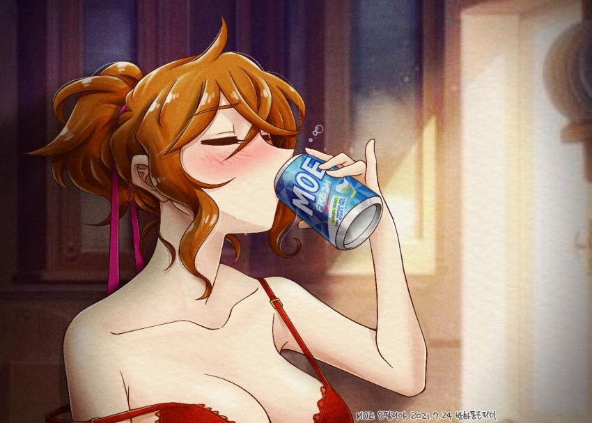 1girl artist_name banghwadongjopidi beer_can blush bra breasts brown_hair can character_name cleavage closed_eyes collarbone commentary_request copyright_name dated drink_can drinking english_text hair_ribbon holding holding_can indoors korean_commentary lingerie master_of_eternity ophelia_(master_of_eternity) partial_commentary pinky_out ponytail purple_ribbon red_bra ribbon short_hair short_ponytail sidelocks solo strap_slip underwear upper_body