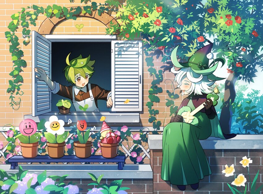 2boys :d ahoge alternate_skin_color arm_rest arm_up bird black_capelet black_footwear black_gloves black_shirt brick_wall brown_eyes capelet cloak clover_cookie collar collared_capelet cookie_run cookie_run:_kingdom daisy_(flower) day double-parted_bangs facing_another flipped_hair flower flower_on_head flower_with_face foliage garden gloves green_cloak green_hair green_hat hair_between_eyes hand_on_lap hand_rest hand_up happy hat hat_ribbon herb_cookie highres holding holding_instrument humanization instrument kangyui leaning_to_the_side lily_(flower) long_sleeves looking_at_another looking_outside male_focus medium_hair multiple_boys on_wall open_mouth open_window open_window_shutter outdoors pale_skin plant potted_plant red_flower ribbon shirt short_hair sky smile sunlight tareme teeth tree turtleneck upper_teeth_only vines white_collar white_flower white_hair white_sky wide_shot window window_shutter wing_collar witch_hat yellow_bird