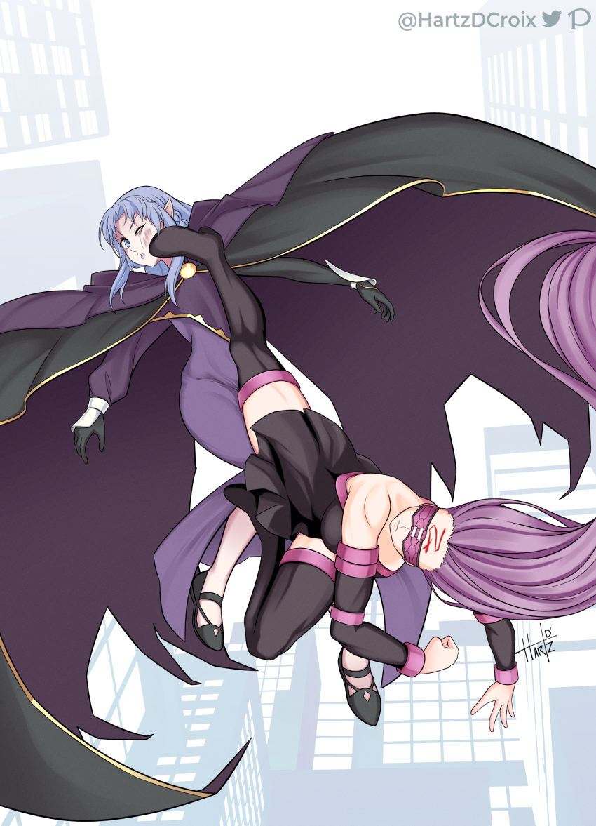 2girls absurdres asymmetrical_sleeves bare_shoulders blue_eyes blue_hair breasts bruise cleavage covered_eyes dress eye_mask facial_mark fate_(series) fighting forehead_mark gloves hartzdcroix highres injury jewelry kicking long_hair long_sleeves medea_(caster)_(fate) medea_(fate) medusa_(fate) medusa_(rider)_(fate) multiple_girls pointy_ears purple_hair thighhighs very_long_hair