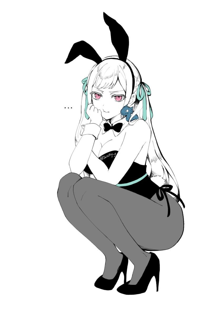 1girl black_clover breasts cleavage high_heels large_breasts long_hair noelle_silva pantyhose purple_eyes rabbit_ears solo twintails