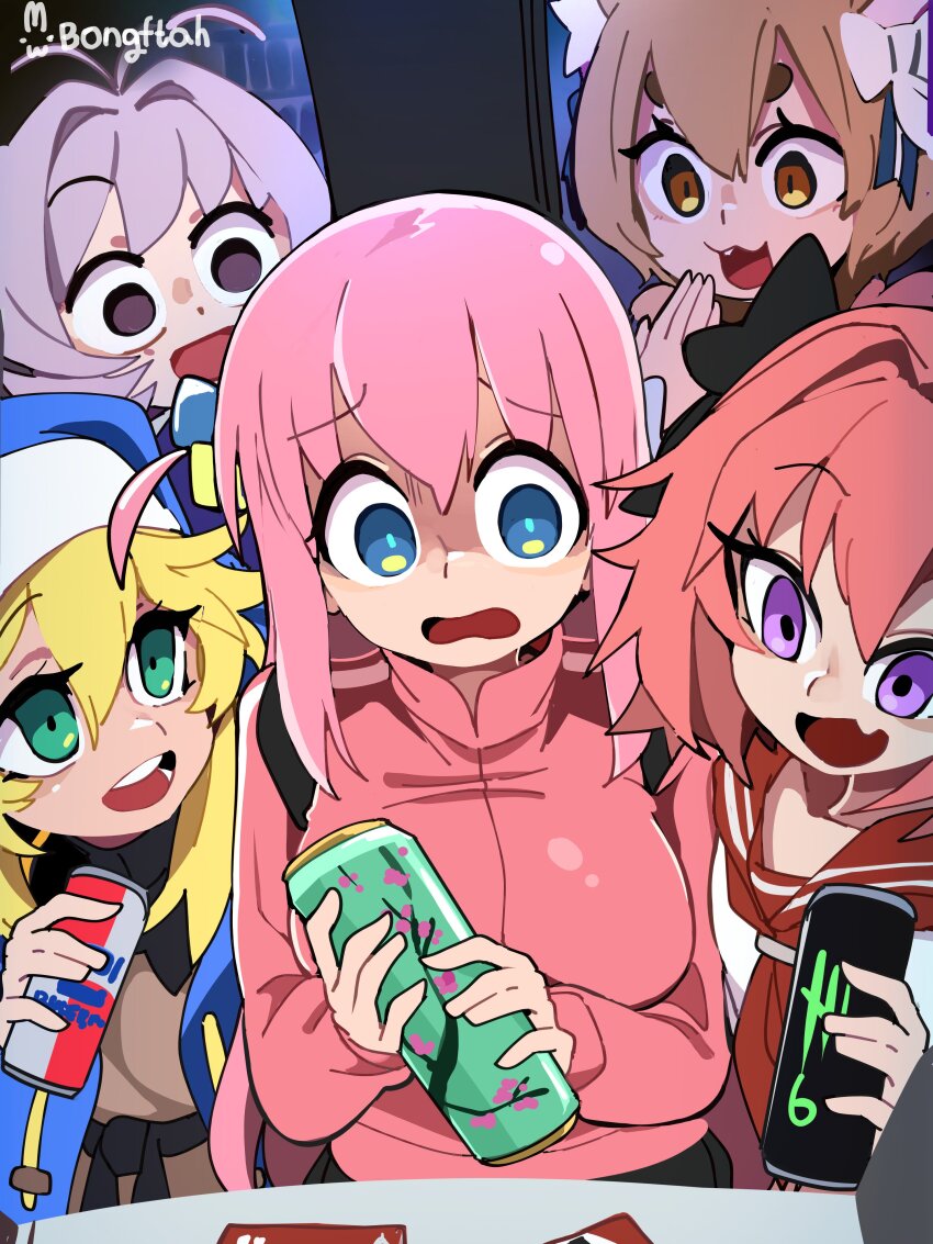 1girl 1other 3boys absurdres animal_ear_fluff animal_ears antenna_hair arizona_(drink) artist_name astolfo_(fate) astolfo_monster_cosplay_(meme) blonde_hair bocchi_the_rock! bongfill breasts bridget_(guilty_gear) brown_hair can commentary crossover cube_hair_ornament fang fate_(series) felix_argyle gotoh_hitori green_eyes guilty_gear guitar_case hair_between_eyes hair_intakes hair_ornament hand_up highres holding holding_can instrument_case jacket komi-san_wa_komyushou_desu large_breasts long_sleeves looking_at_another meme monster_energy multiple_boys multiple_crossover no_pupils one_side_up open_mouth osana_najimi_(komi-san_wa_komyushou_desu) pink_hair pink_jacket purple_eyes purple_hair re:zero_kara_hajimeru_isekai_seikatsu red_sailor_collar sailor_collar shaded_face shirt skin_fang symbol-only_commentary thick_eyebrows track_jacket trap v-shaped_eyebrows white_shirt