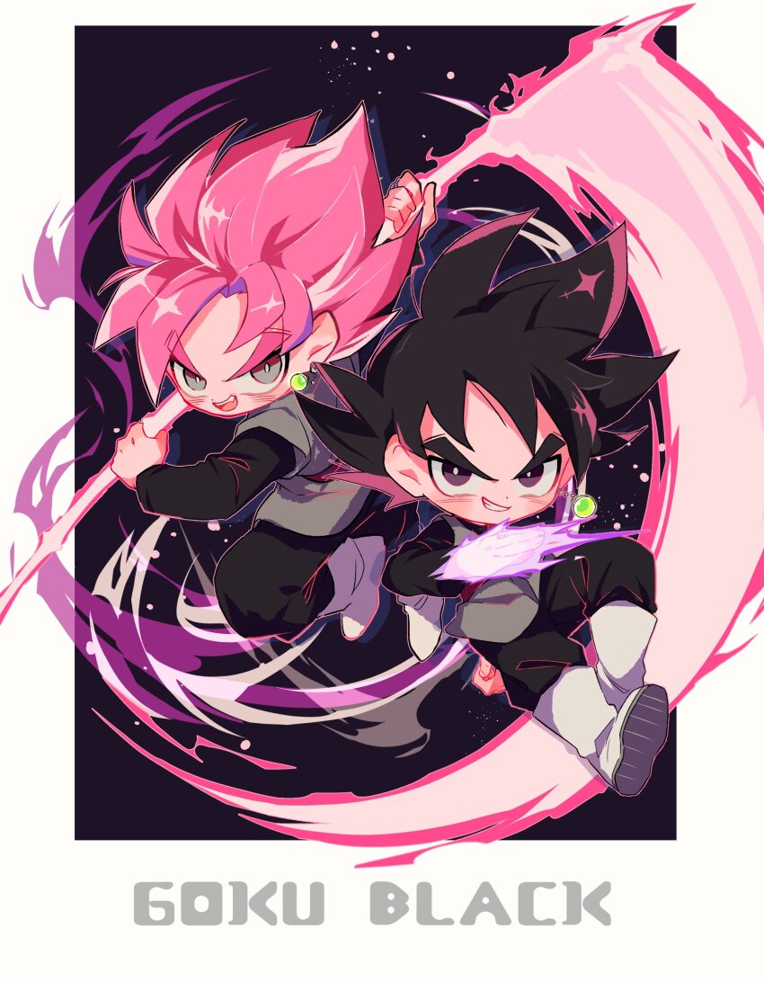 2boys absurdres black_eyes black_hair boots character_name commentary dragon_ball dragon_ball_super dual_persona earrings energy_weapon evil_grin evil_smile goku_black grey_eyes grin highres jewelry male_focus multiple_boys open_mouth pink_hair roku_(roku_0141) scythe single_earring smile super_saiyan super_saiyan_rose white_footwear