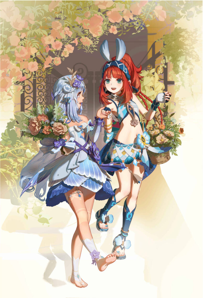 2girls alternate_hairstyle bare_shoulders barefoot basket blue_dress blue_hair blue_hairband body_markings bouquet braid commentary cosplay costume_switch crop_top dress english_commentary fingerless_gloves flower flower_basket full_body genshin_impact gloves green_eyes hair_bun hair_flower hair_ornament hairband hairstyle_switch hand_up hawaiian_clothes highres holding holding_basket holding_bouquet holding_hands jewelry long_hair looking_at_another low_twin_braids midriff mualani_(genshin_impact) mualani_(genshin_impact)_(cosplay) multiple_girls navel nilou_(breeze_of_sabaa)_(genshin_impact) nilou_(genshin_impact) nilou_(genshin_impact)_(cosplay) open_mouth outdoors pixiv_10603464 purple_flower purple_ribbon red_eyes red_hair ribbon sandals tan teeth thighlet toes twin_braids upper_teeth_only very_long_hair walking wicker_basket