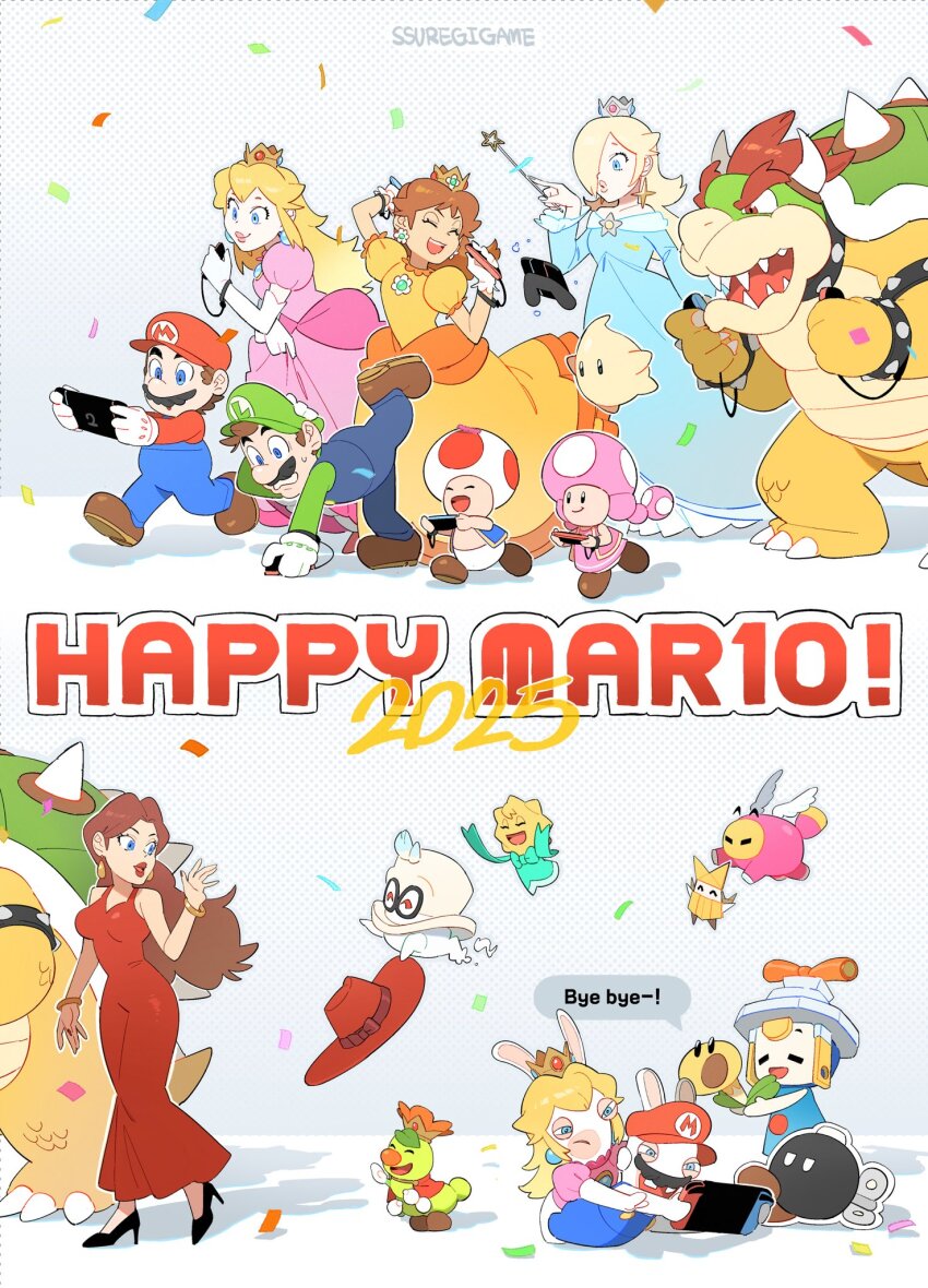 6+boys 6+girls artist_name blonde_hair blue_dress blue_eyes bobby_(paper_mario) bowser breasts brown_hair cappy_(mario) cleavage connie_(mario) crown donkey_kong_(series) dress earrings eyeshadow facial_hair flower_earrings gloves grin high_heels highres jewelry lipstick long_hair luigi luma_(mario) makeup mario mario_&amp;_luigi:_brothership mario_(series) mario_+_rabbids_sparks_of_hope multiple_boys multiple_girls mustache nintendo nintendo_switch olivia_(paper_mario) orange_dress overalls paper_mario paper_mario:_the_origami_king pauline_(mario) pink_dress prince_florian princess_daisy princess_peach princess_peach:_showtime! rabbid_mario rabbid_peach raving_rabbids red_dress red_hair rosalina smile snoutlet_(mario) spiked_shell ssuregigame stella_(peach) super_mario_bros._wonder super_mario_galaxy super_mario_odyssey talking_flower_(mario) toad_(mario) toadette