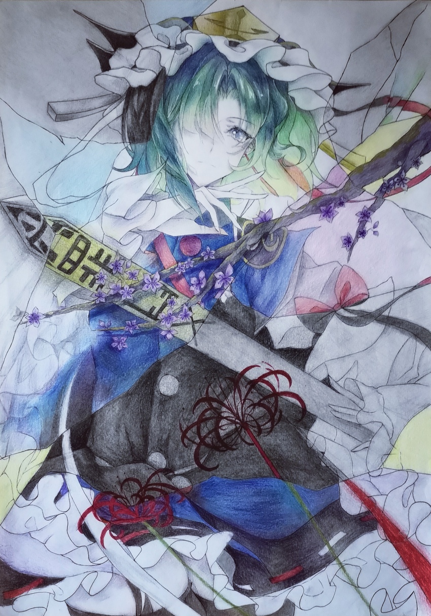 1girl absurdres black_skirt black_thighhighs blue_eyes blue_hat blue_vest bow closed_mouth colored_skin commentary cowboy_shot dated_commentary expressionless flower frilled_hat frilled_skirt frilled_sleeves frills green_hair hair_over_one_eye hat high-waist_skirt highres long_sleeves looking_at_viewer medium_hair red_bow red_flower ribbon-trimmed_skirt ribbon_trim rod_of_remorse shiki_eiki shirt skirt solo spider_lily thighhighs tianlan touhou vest white_shirt white_skin wide_sleeves