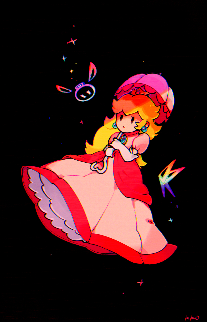 1girl absurdres black_background black_eyes blonde_hair blue_gemstone bomb boomer_(paper_mario) brooch bug butterfly chest_jewel closed_mouth collared_dress commentary_request crown detached_wings dress earrings explosive eyelashes falling full_body gem gold_crown high_collar highres holding holding_umbrella insect jewelry kakao_(kakao_san9) lace-trimmed_umbrella light_frown long_dress long_hair mario_(series) mini_crown nintendo paper_mario parasol petticoat pink_dress pink_sleeves pink_umbrella princess_peach puffy_short_sleeves puffy_sleeves rainbow_gradient short_sleeves signature simple_background solid_oval_eyes sparkle sphere_earrings super_paper_mario tippi_(paper_mario) umbrella wings