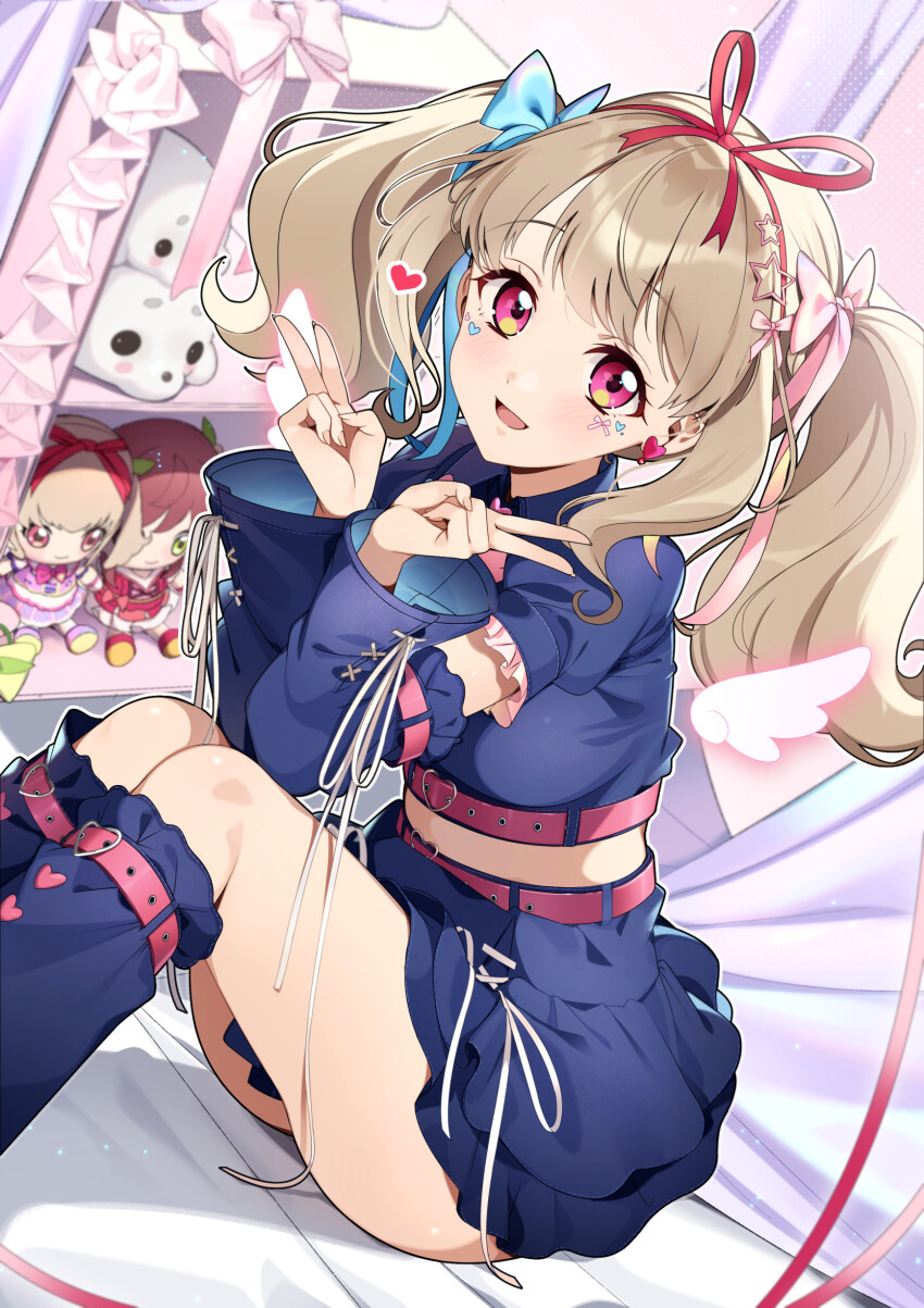 1girl :d absurdres aikatsu!_(series) aikatsu_on_parade! alternate_breast_size_(larger) belt blonde_hair blue_bow blue_shirt blue_skirt blue_sleeves blue_socks bow breasts commentary detached_sleeves double_v frilled_sleeves frills hair_bow hair_ribbon hands_up highres indoors kiseki_raki kneehighs knees_up large_breasts long_hair long_sleeves looking_at_viewer midriff miniskirt open_mouth outline pink_bow pink_eyes red_ribbon ribbon rumo shin_strap shirt short_sleeves sitting skirt smile socks solo sticker sticker_on_face stuffed_toy symbol-only_commentary twintails v wavy_hair white_outline wide_sleeves