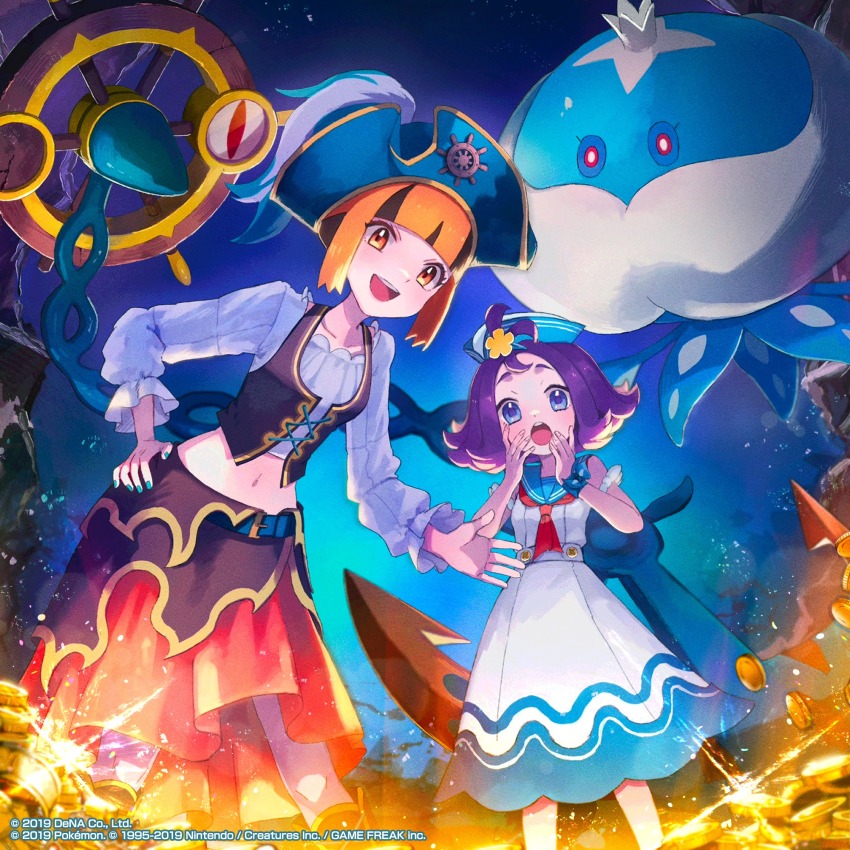 2girls acerola_(pokemon) acerola_(summer_2024)_(pokemon) belt black_hair blue_sailor_collar blush dhelmise dress gardenia_(pokemon) gardenia_(summer_2024)_(pokemon) gen_5_pokemon gen_7_pokemon hair_ornament hanenbo hat highres jellicent jellicent_(male) long_sleeves looking_at_viewer multicolored_hair multiple_girls nintendo official_art open_mouth orange_eyes orange_hair pirate pirate_costume pirate_hat pokemon pokemon_(creature) pokemon_masters_ex purple_eyes purple_hair sailor sailor_collar sailor_dress sailor_hat short_hair sleeveless smile two-tone_hair white_hat