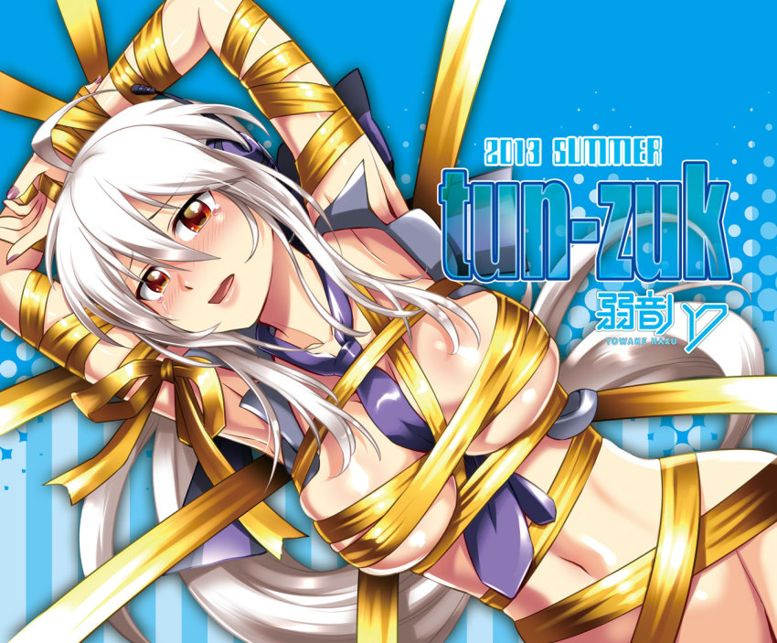 1girl breasts caffein female_focus large_breasts long_hair nail_polish naked_ribbon necktie red_eyes ribbon silver_hair solo vocaloid yowane_haku