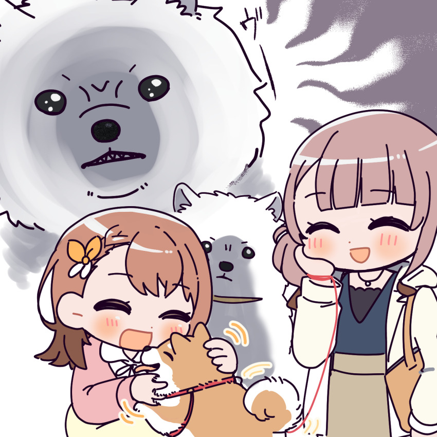 2girls angry arm_at_side bag black_shirt blue_shirt blunt_bangs bow braid braided_bangs brown_dog brown_hair brown_skirt clenched_teeth closed_eyes collared_shirt commentary_request dog dot_nose frown hair_bow hanasato_minori hand_on_own_cheek hand_on_own_face hand_up happy highres hood hooded_jacket jacket jealous jewelry kneeling laughing licking licking_another&#039;s_face light_blush long_skirt looking_at_animal looking_at_another medium_hair mochizuki_honami motion_lines multiple_dogs multiple_girls neck_ribbon necklace open_clothes open_jacket open_mouth orange_bag petting pink_sweater project_sekai ribbon samoyed_(dog) sarariman114 shaded_face sharp_teeth shiba_inu shirt short_hair shoulder_bag side_braid side_ponytail single_braid single_sidelock skirt standing sweater swept_bangs teeth tongue tongue_out two-tone_bow undershirt v-neck wavy_hair white_dog white_jacket white_shirt yellow_skirt