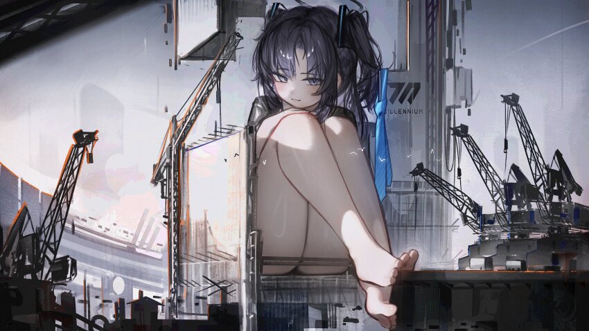 1girl absurdres black_halo blue_archive blue_necktie building construction construction_site crane_(machine) giant giantess greedice halo highres mechanical_halo necktie purple_eyes purple_hair solo thick_thighs thighs yuuka_(blue_archive)