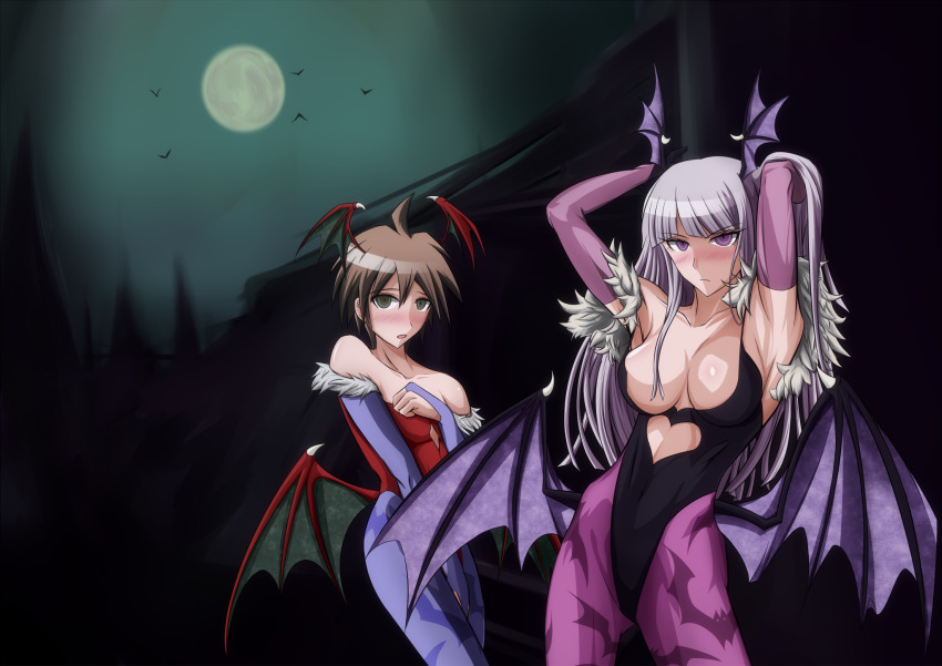 1boy 1girl animal_print armpits arms_up bat_(animal) bat_print bat_wings bats blush breasts brown_hair cleavage closed_mouth clothing_request collarbone cosplay crossdressing crossover danganronpa:_trigger_happy_havoc danganronpa_(series) gloves green_background green_eyes hands_up heart highres kirigiri_kyoko leotard lilith_(darkstalkers) lilith_(darkstalkers)_(cosplay) looking_at_viewer moon morrigan_aensland morrigan_aensland_(cosplay) naegi_makoto night night_sky open_mouth purple_eyes purple_gloves purple_hair shiny_skin simple_background sky sky tagme darkstalkers wings